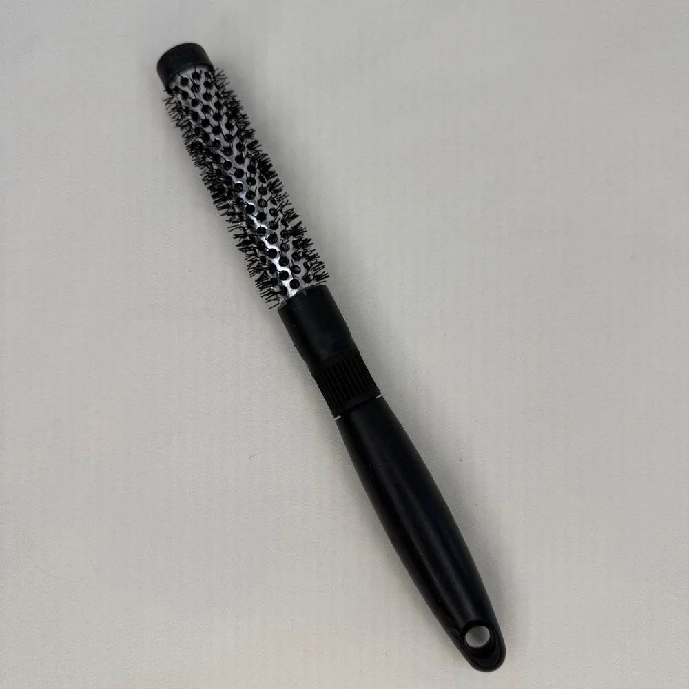 Black Vented Round Hair Brush 1 Inch Silver Metallic Barrel Styling Tool 9.5in